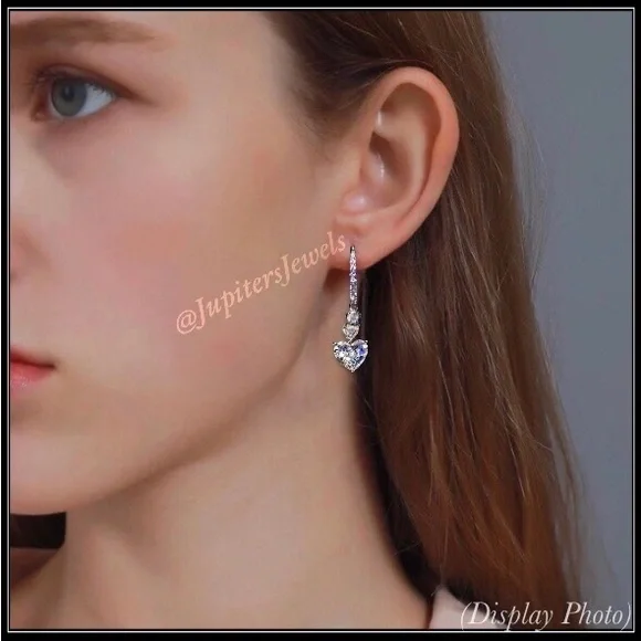 NEW WHITE GOLD DOUBLE HEART SIMULATED DIAMOND DROP EARRINGS - Picture 6 of 7